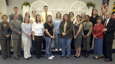 CSM scholarship recipients were recognized Oct. 21 at the seventh annual scholarship breakfast, which honors academic and community service excellence. Front from left are Delegate Sally Jameson, CSM President Bradley Gottfried, Amanda Baden, Rebecca Churchwell, Christie Cooper, Suzanne Davis, Jennifer Decker, Shanae Fields, CSM Foundation Director Carrie Polk, and Greater Waldorf Jaycees Foundation President Dick Gregory; rear from left are Justin Hoffman, Justina Hawk, April Murphy, Brandon Norris, Shanon Roulette, Katelyn Snider, Christina Trefry, Patrick Tweed, and CSM Foundation Chair Mike Besche.