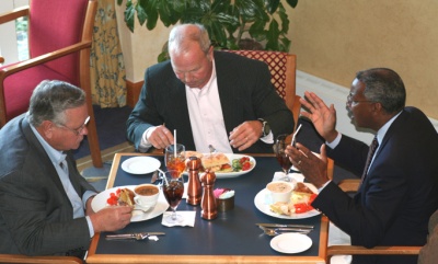 (Left to Right) Commissioners Presidents Wayne Cooper (Charles County), F. Jack Russell (St. Mary's County), and Wilson H. Parran (Calvert County) meet at St. Mary's Landing in Charlotte Hall during one of their monthly meetings. (Photo BY George Clarkson, Press Secretary, Charles County Commissioners)