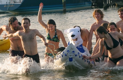 St. Mary's College of Maryland students ran into the 39-degree waters of the St. Mary's River to "rescue" a polar bear from rising seas during the Focus the Nation event's second annual polar bear splash. (Photo courtesy SMCM)