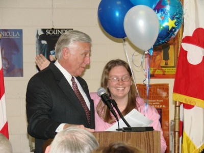 Bonnie Beavan, a mathematics teacher at Spring Ridge Middle School, is the St. Mary's County Public Schools Teacher of the Year for 2008-2009. Pictured with Rep. Steny Hoyer (D) on March 25.