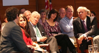St. Mary's College of Maryland student Eric Schlein (left), editor of the College's Point News, asks a question of Tom Brokaw and Ben Bradlee (third from left) during a recent public forum on campus. (Photo courtesy SMCM)