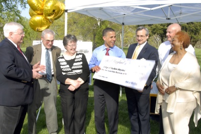 Lt Governor Anthony Brown visited CSM’s Leonardtown Campus to present a ceremonial check for $11.7-million to fund construction of the campus’ future wellness center. From left, Maryland Delegate John Wood, Leonardtown Mayor J. Harry Norris, CSM Trustee Mary Krug, Brown, CSM President Dr. Brad Gottfried, CSM Board Chair James Raley and CSM Trustee Dr. Janice Walthour celebrate the future center which will provide Southern Maryland residents with a pool, therapy pool, health and wellness classes, and fitness assessments and counseling. (Photo courtest CSM)