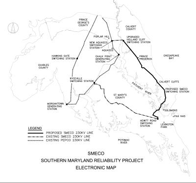 Proposed routes for SMECO's proposed power transmission line upgrades.