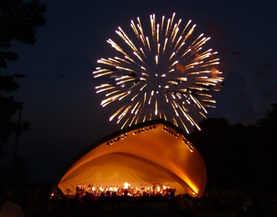 Fireworks detonate over the concert pavilion at a previous St. Mary's River Concert event in St. Mary's City (SMCM Photo)