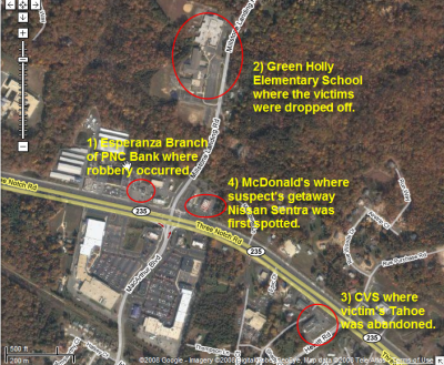 Map highlighting the chronology of Wednesday's kidnapping and bank robbery in St. Mary's. Click for higher resolution map. (Map courtesy of Google Maps)