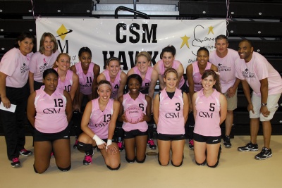 Ranked 20th in the nation, the CSM Hawks Volleyball team has been raising money to fight breast cancer during its October games. Front from left are Tandee’ Holly, Brooke Martin, Gigi Gilmore, Connie Marcum and Megan Sturman; rear from left are coaches Nila Straka, Michelle Ruble, teammates Kelsey Loss, Liberty McLean, Katlin Gardiner, Carlie Wood, Ashley Wolfe and Chantal Hebron, and coaches Pat Brewer and Ron Swann. (Submitted photo)