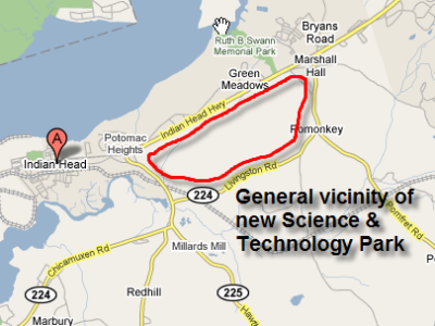 Map show general vicinity of a proposed business park on approximately 260 acres between Maryland Route 210 (Indian Head Highway), Route 227, and Route 224. (Courtesy Google Maps)