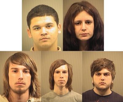 (Clockwise from top-left) Cody Moore, 17, Stephanie Hall, 19, Brandon Clark, 17, Keith Brandon Digiorgio, 18, and William Dale Middleton, 19, all of Waldorf, were arrested on Nov. 17 and charged with 3 counts of first-degree assault, 3 counts of second-degree assault, 38 counts of destruction of property under $500, 2 counts of destruction of property over $500, and reckless endangerment. (Arrest photos)