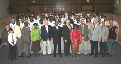 The Westlake High School football team is joined by representatives from the Charles County Public Schools and the Charles County Commissioners on December 10, 2008, as they are honored for their win of the 2008 Class 3A State Football Championship.