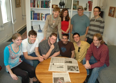 St. Mary’s College of Maryland’s Point News staff admire their handiwork alongside president Jane Margaret O’Brien. The American Scholastic Press Association awarded the student paper with a first place with special merit award and best sports photo for junior Matt Molek’s photo of SMCM men’s basketball player Camontae Griffin ’11. First row, left to right: Lara Southgate ’11, of Baltimore, Md.; Brendan O’Hara ’10, of Prince Frederick, Md.; Kyle Jernigan ’11, of Germantown, Md.; Peter Sparklin ’11, of Baltimore, Md.; editor-in-chief Justin Perry ’10, of Pitman, NJ; best sports photo winner Matt Molek ’10, of Olney, Md.; O’Brien; Caroline Selle ’12, of Severna Park, Md.; David Chase ’12, of Marstons Mills, Ma.; and Rowan Copley ’11, of Hagerstown, Md. (Submitted photo)