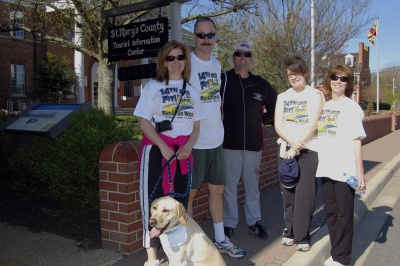 The Leonardtown historical walking tour combines fitness tips from CSM Leonardtown Campus Fitness Coordinator Judith Ferrara and a local history lesson from CSM History Professor Chretien Guidry, who brought a few friends along to sample the walk earlier this spring. From left are Ferrara with “Max,” CSM Public Safety Coordinator James Yates, Guidry, CSM Adjunct History Professor Katherine Humphries and Maryland Center for Environmental Training Program Coordinator Terri Jones. (Submitted photo)