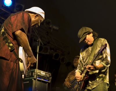 Buddy Guy (left) and Carlos Santana perform at Paul Reed Smith (PRS) Guitars' headquarters in Stevensville, Md. on Sept. 25. The performers presence at the show was not preannounced. (Photo credit: Alexis Somers PRS Guitars)