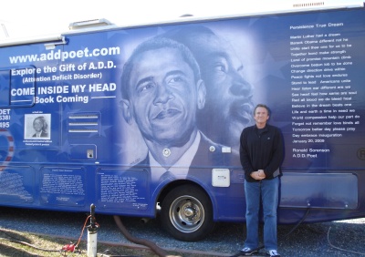 Ronald Sorenson's 30-foot rented recreational vehicle emblazoned with images of President-elect Barack Obama and Sorenson's own poetry. (CNS photo)