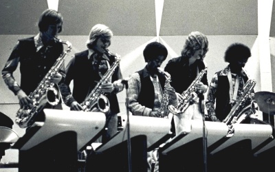 The 1977 St. Mary's College of Maryland Jazz Ensemble included saxophone players (from left) Rick Humphreys, a Calvert County High School graduate; Doug Riley; Johnny Long, a Great Mills High School graduate; Al Friedrich; and Scott Taylor, most of whom will return to St. Mary's City on Feb. 28 for a "Salute to Jazz at the College" reunion concert. (Photo courtesy Bob Levy)
