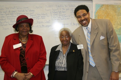 Ms. Ida Wills, a longtime Charles County native, left, participated in a panel session at the Eyewitness to History event held Friday, February 27 at Thomas Stone High School, with Mary Louise Webb, vice president of the African American Heritage Society, center, and Charles County attorney Kenneth Talley, right. Guest speakers were invited to speak to students about the history of Charles County. (Submitted photo)