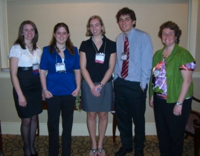 Members of the St. Mary's College of Maryland Circle K attend the annual Capital District Circle K International at the Crowne Plaza Hotel in Timonium, Maryland. The members walk away with six awards, including the Carthage Pullman Award for selfless dedication to the club by an advisor. From left, students Kelli Hill '10, club president from Hagerstown, Maryland; Kristen Brunot '10, vice president of service from Columbia, Maryland; Erika Schmitt '12, secretary from Winchester, Virginia; James Massey '12, treasurer from Ellicott City, Maryland; and club advisor Glynnis Schmidt. (Submitted photo)