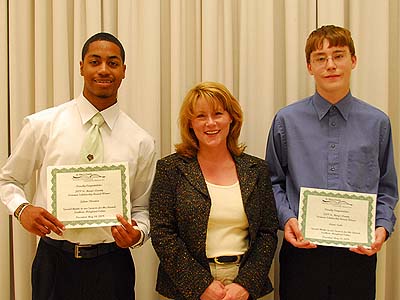 Julian Thornton, Dee Jay Gude of Southern Maryland Online, and Adam Sickle at the scholarship awards ceremony held Thursday at the Dr. James A. Forrest Career & Technology Center in Leonardtown. (Photo: David Noss)
