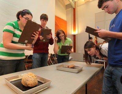 Students from St. Mary’s County high schools identify parts of the human brain using a real human brain during the Fourth Annual Southern Maryland Brain Bee held at St. Mary's College of Maryland. From left to right: Torrey Ferguson, from Leonardtown High School; Trey Bergen, from Leonardtown High School; Megan DeGruy, from Chopticon High School; third-place winner Claire Weber, from Great Mills High School; and Thomas Rudowsky, from Great Mills High School. (Photo: James Parcell)
