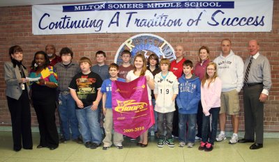 Staff and students from Milton M. Somers Middle School donated more than $1,950 to the American Heart Association through the Hoops for Heart fundraiser. Pictured, front row from left, are Somers Principal Stephanie Wesolowski, American Heart Association Youth Market Director Lisa Baynes, students Richie Howard, Stephen Lehman-Davis, Andrea Kline, Parker DeAtley, Andrew Borror and Faith Wright. Pictured, back row from left, are Charles Jamieson, Somers physical education teacher, students Lakota Purcell, Jarred Siwecki, Eric Maule and Connor Davis, and Somers teachers Andrew Norris, Julie Snavely, Eric Wittenbach and Arnold Miller. (Submitted photo)