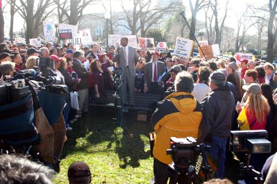 Charles Lollar, a Republican candidate for Congress in Maryland's 5th District, speaks at the "Code Red Health Care Rally" Tuesday on Capitol Hill. (Capital News Service Photo by Graham Moomaw)