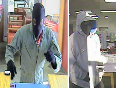 Bank surveillance photos of the two robbery suspects in side the bank.