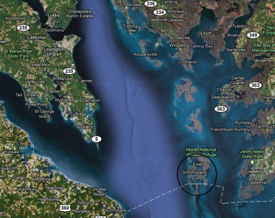 Smith Island is located south-east of St. Mary's County in the Chesapeake Bay, just west of Crisfield on the eastern shore. (Image courtesy Google Maps)