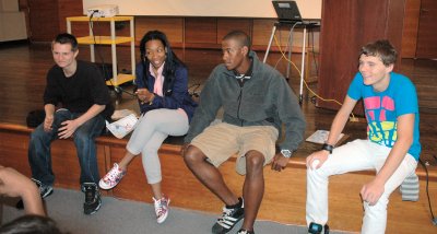 St. Mary’s College of Maryland (SMCM) students mentored high school students from Fairlead Academy last week, showing them what would be in store for them in college. Octavia Davis (second to the left) and Stephon Dingle (second to the right), both of Baltimore, Maryland, discussed family situations and college trials with a small group from Fairlead, including Jeffrey Czzowitz (far left), who attends Leonardtown High School in the afternoon, and Nicholas White (far right), who attends Great Mills High School in the afternoon. (Submitted photo)