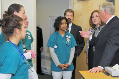 Congressman Steny Hoyer, right, talks with fourth-semester nursing students who participated in the Clinical Simulation Lab demonstration, from left, Christine Upright, Heather Brady, Phillip Wentz and Brittany Jae Bolden. They were joined by V.P. of Calvert Memorial Hospital Robert McWhirt and President and CEO of St. Mary’s Hospital Christine Wray. (Submitted Photo)