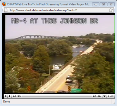 A screen capture of the live video of Route 4 looking north onto the Thomas Johnson Bridge leading to Solomons.