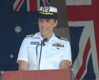 Former NASA astronaut Capt. Heidemarie Stefanyshyn-Piper speaks at the "Diversity and Women's Equality Day" observance held at the Naval Support Facility Dahlgren parade field Aug. 26. The veteran astronaut was one of four naval officers citing the impact of diversity and women's equality upon the Navy and nation at the event with a theme of: "Stepping up, coming together and leading change."