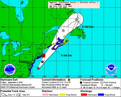 Hurricane Earl projections from NOAA's National Hurricane Center. The storm should miss So. Md. by a large margin if the storm continues on the projected path. The latest NOAA Earl data is here.