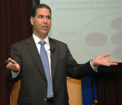 Jose Sanchez, Deputy Director of the Coastal and Hydraulics Laboratory at the U.S. Army Engineer Research and Development Center, speaks about the impact of diversity upon an organization at the Dahlgren Hispanic Heritage Month Observance held at the Aegis Training and Readiness Center auditorium Sept. 30. (Submitted photo)