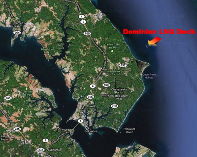 Location of the Dominion LNG dock off the coast of Calvert County in the Chesapeake Bay. (Map courtesy of Google Maps)