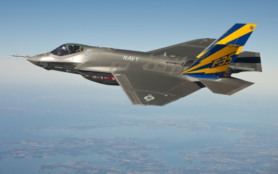 Lt. Cmdr. Eric "Magic" Buus cruises over the Chesapeake Bay on Feb. 11 during his first flight in the F-35C Lightning II. Lt. Cmdr. Buus is the first active-duty U.S. Navy pilot to fly the F-35C carrier variant. (Photo: Lockheed Martin)