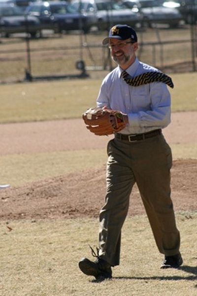 SMCM President Joe Urgo throws out a baseball to open the Division III season. (Submitted photo)