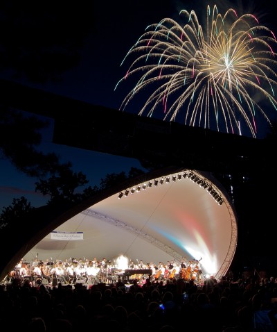 Fireworks explode over the music pavilion at last year’s Fourth of July celebration. (Submitted photo)