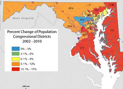 This map from the Department of Planning shows population growth during the last decade in the state's eight current congressional districts.