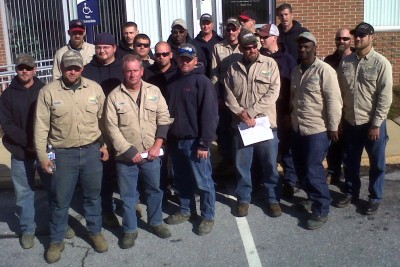 SMECO crews assist with restoring electric service to customers of Metropolitan Edison, a First Energy company, in eastern Pennsylvania. Pictured left to right, first row: Bobby Hamilton, Donnie Hill, Larry Hayden, Hal Spence, John Boome, and Scott Gaglardi. Second row: Eric Reardon, Harry Jackson, Jared Stern, Rick Mattingly, Brent Hancock, Mike Niland, and Jason Dunning. Third row: Steve Cook, John Meade, Tony Knox, Tony Suttle, Jason Murray, and Rob Dennee. (Submitted photo)