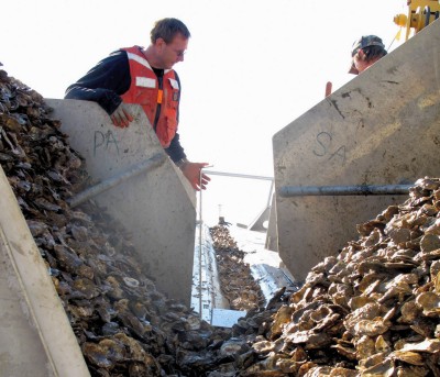 A Chesapeake Bay Foundation boat places hatchery-produced seed oysters on a sanctuary reef, made of concrete from a demolished dam, on Nov. 7. (Photo: by Greg Masters)