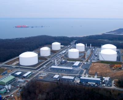 An aerial view of the Cove Point liquefied natural gas facility along the Chesapeake Bay. The offshore platform is in the background. Photo courtesy of Dominion.