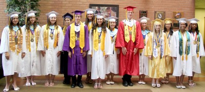 Charles County Class of 2012 Valedictorians and Salutatorians are, from left: Crystal Dionisio, Henry E. Lackey High School salutatorian; Emily Macri, Lackey valedictorian; Casey Rollins, La Plata High School salutatorian; Raleigh Joyner, La Plata valedictorian; Matthew Haldeman, Maurice J. McDonough High School co-salutatorian; Erica Richardson, McDonough valedictorian; Katie Turner, McDonough co-salutatorian; Cayley Dymond, North Point High School co-valedictorian; Christopher Hartline, North Point salutatorian; Natalie Griffin, North Point co-valedictorian; Daryllee Hale, Thomas Stone High School salutatorian; Jemm Excelle Dela Cruz, Stone valedictorian; Misha Stone, Westlake High School salutatorian; and Felicia Dillard, Westlake valedictorian.