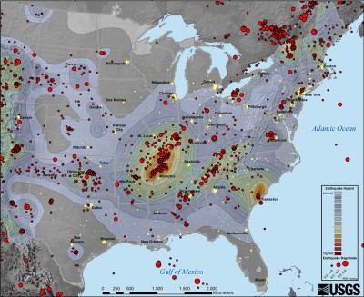 This map shows earthquakes greater than magnitude 3.0 since 1974 in the central and eastern United States. [Click map for larger rendition.]