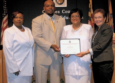 The Truth Chapter No. 19, Order of the Eastern Star, Prince Hall Affiliated, was recognized at the Sept. 11 Board of Education meeting for contributions to the school system. Board Chairman Roberta S. Wise, far right, presented a recognition certificate to Sharon Hines, acting secretary, left, Marlin Donaldson, worthy patron, second from left, and Gloria Jolly, worthy matron, second from right, for their donations to several schools. (Submitted photo)