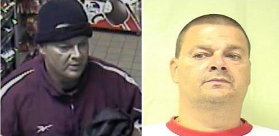 Police believe the robber in the store surveillance photo at left is Harold Dean Rogers, 45, of no fixed address (on right).