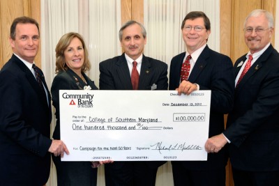 Celebrating the final payment of the pledge are, from left, CSM Foundation Chair Jay Lilly, CSM Vice President of Advancement Michelle L. Goodwin, CSM President Dr. Bradley M. Gottfried, Michael Middleton, CSM Board of Trustee and Vice President and Chief Executive Officer of Community Bank of Tri-County, and Greg Cockerham, Executive Vice President/Chief Lending Officer of Community Bank of Tri-County.