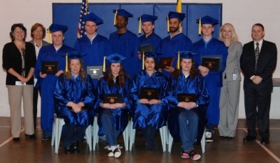 Graduates Posing With Their Instructors and Dr. Paul Fancella, Coordinator of Adult Education. Back Row Left to Right: O'Bryan Lincoln, Steven Jerome, Kenneth Mitchell, James Seifert, Garrett Dyson, Justin Lewis & Dr. Paul Francella. Front Row Left to Right: Kelly Wood, Rebecca Fowler, Keana Biscoe, Anita Emery.