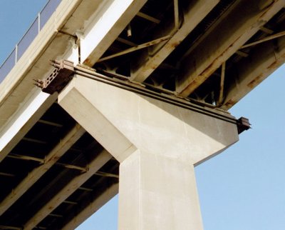 The Thomas Johnson bridge, which connects lower Calvert County to St. Mary's County. Several years after construction, design flaws were discovered which prompted the installation of the steel clamps pictured above to prevent the bridge from failing. (SoMd.com file photo)