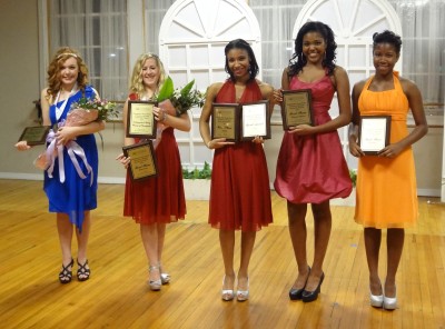 From left to right: Distinguished Young Woman of Southern Maryland 2014 Olivia Kennedy, Distinguished Young Woman of Chesapeake 2014 and Interview Winner Rebecca Olsen, Talent and Spirit Award Winner Destini Monk, Physical Fitness Winner Brelynn Hunt, and Scholastics Winner CheBreia Gibbs.