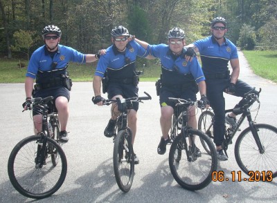 (L-R) Deputy First Class Michael Boyer, Deputy Alvin Beishline, Deputy First Class Timothy Snyder, Deputy William Wood, and Deputy Joshua Krum (not pictured) successfully completed the course and are already making a difference utilizing the unique crime prevention and enforcement tactics mountain bikes bring to the Sheriff's Office. (Photo courtesy St. Mary's Co. Sheriff's Office)