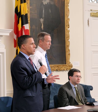 Lt. Gov. Anthony Brown, Gov. Martin O’Malley and Health Secretary Joshua Sharfstein at a news conference on the new health care exchange. (Photo by Tom Nappi, MdGovPics)
